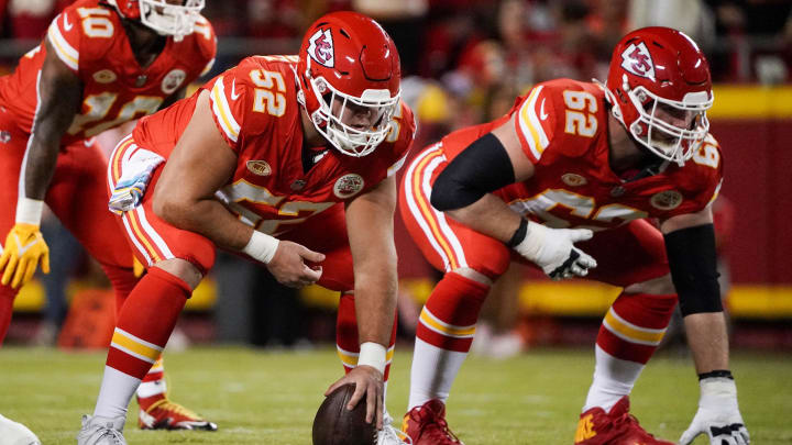 Oct 12, 2023; Kansas City, Missouri, USA; Kansas City Chiefs center Creed Humphrey (52) and guard Joe Thuney (62) line up against the Denver Broncos during the game at GEHA Field at Arrowhead Stadium. Mandatory Credit: Denny Medley-USA TODAY Sports