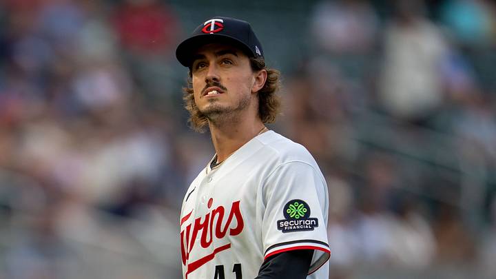 Jul 29, 2026; Minneapolis, Minnesota, USA; Minnesota Twins starting pitcher Joe Ryan (41) looks on after completing the fourth inning against the Kansas City Royals at Target Field. Mandatory Credit: Jesse Johnson-Imagn Images