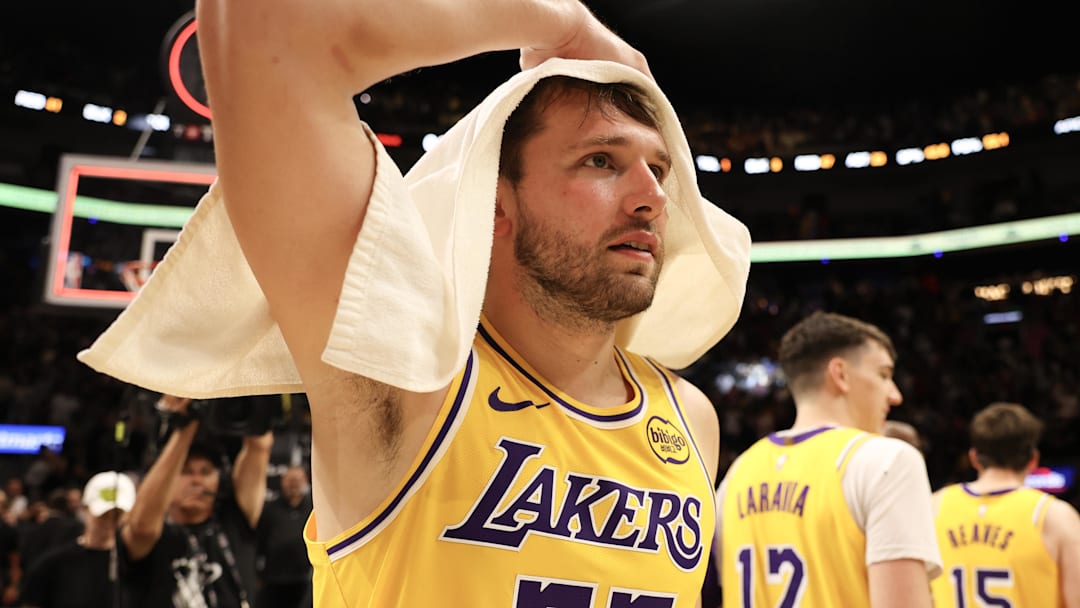 Mar 19, 2026; Miami, Florida, USA; Los Angeles Lakers guard Luka Doncic (77) after 60 point game against the Miami Heat at Kaseya Center. Mandatory Credit: Isabella Frias-Imagn Images