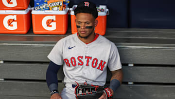 Aug 21, 2025; Bronx, New York, USA;  Boston Red Sox center fielder Ceddanne Rafaela (3) at Yankee Stadium. Mandatory Credit: Wendell Cruz-Imagn Images