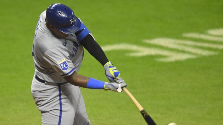 Kansas City Royals designated hitter Salvador Perez (13) hits a grand slam in the sixth inning against the Cleveland Guardians at Progressive Field on Aug 26.