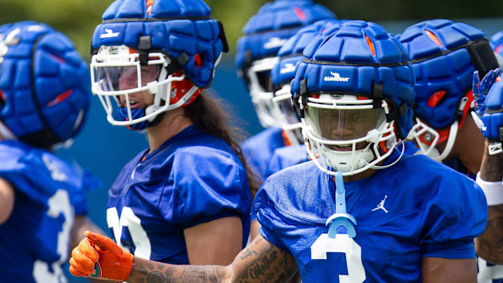 Florida Gators defensive back Jason Marshall Jr. (3) prepares to take part in drills during Fall practice at Sanders Practice Fields in Gainesville, FL on Thursday, August 1, 2024. [Doug Engle/Gainesville Sun]