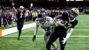 Jan 7, 2024; New Orleans, Louisiana, USA;  New Orleans Saints wide receiver A.T. Perry (17) scores a