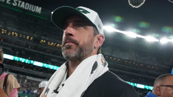 East Rutherford, NJ -- August 24, 2024 -- Aaron Rodgers at the end of the game. The New York Giants and New York Jets meet at MetLife Stadium in the final preseason game of the 2024 season for both teams.