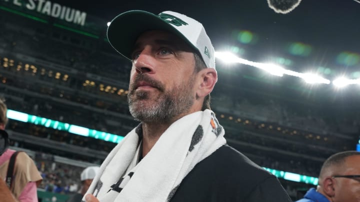 East Rutherford, NJ -- August 24, 2024 -- Aaron Rodgers at the end of the game. The New York Giants and New York Jets meet at MetLife Stadium in the final preseason game of the 2024 season for both teams.