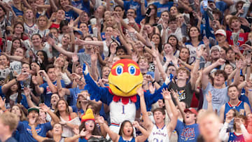 Big Jay waves the wheat with Kansas fans prior to tipoff of the game against Washburn inside Allen Fieldhouse Tuesday, Oct. 29, 2024.