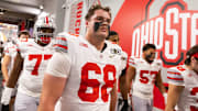 Jan 20, 2025; Atlanta, GA, USA; Ohio State Buckeyes offensive lineman George Fitzpatrick (68) against the Notre Dame Fighting Irish during the CFP National Championship college football game at Mercedes-Benz Stadium. Mandatory Credit: Mark J. Rebilas-Imagn Images
