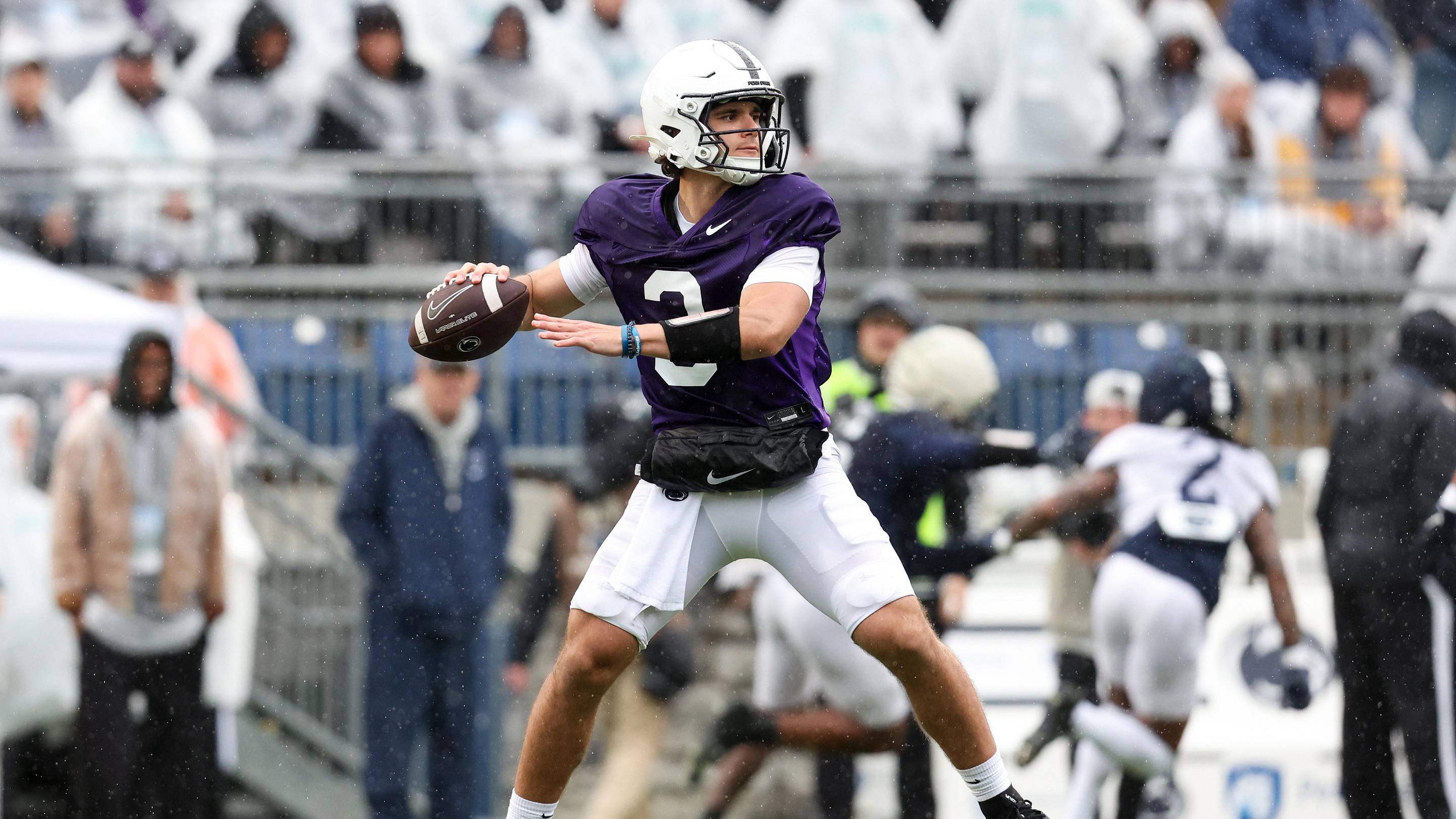 Penn State Nittany Lions quarterback Rocco Becht throws a pass during the Blue-White Spring game at Beaver Stadium.