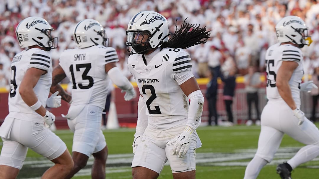 Iowa State Cyclones' defensive back Jamison Patton (2) celebrates after a stop Arizona offense during the first quarter in the Big-12 conference showdown on Sept. 27, 2025, at Jack Trice Stadium in Ames, Iowa.