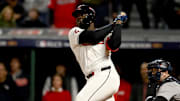 Oct 17, 2024; Cleveland, Ohio, USA; Cleveland Guardians outfielder Jhonkensy Noel (43) hits a two-run home run during the ninth inning against the New York Yankees in game 3 of the American League Championship Series at Progressive Field. Mandatory Credit: Ken Blaze-Imagn Images
