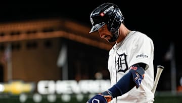 Detroit Tigers right fielder Matt Vierling (8) exits the field after a strikeout in the ninth inning of 5-4 loss to Cleveland Guardians at Game 4 of ALDS at Comerica Park in Detroit on Thursday, Oct. 10, 2024.