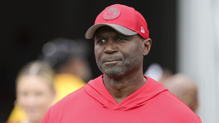 Dec 3, 2023; Tampa, Florida, USA;  Tampa Bay Buccaneers head coach Todd Bowles takes the field for warms ups before a game against the Carolina Panthers at Raymond James Stadium. Mandatory Credit: Nathan Ray Seebeck-USA TODAY Sports