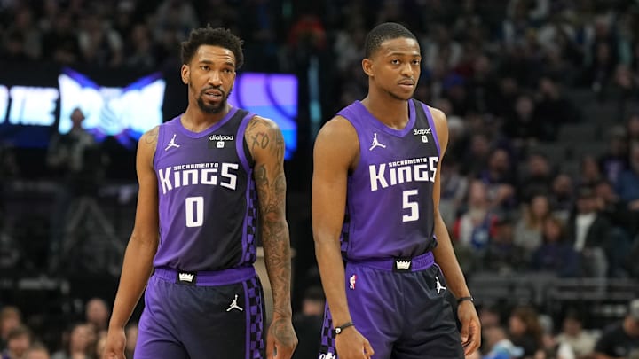 Mar 10, 2024; Sacramento, California, USA; Sacramento Kings guards Malik Monk (0) and De'Aaron Fox (5) during the first quarter against the Houston Rockets at Golden 1 Center. Mandatory Credit: Darren Yamashita-Imagn Images Mar 10, 2024; Sacramento, California, USA; Sacramento Kings guards Malik Monk (0) and De'Aaron Fox (5) during the first quarter against the Houston Rockets at Golden 1 Center. Mandatory Credit: Darren Yamashita-Imagn Images