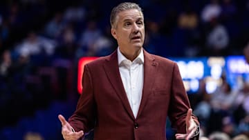 Jan 14, 2025; Baton Rouge, Louisiana, USA;  Arkansas Razorbacks head coach John Calipari reacts to a play against the LSU Tigers during the first half at Pete Maravich Assembly Center. Mandatory Credit: Stephen Lew-Imagn Images