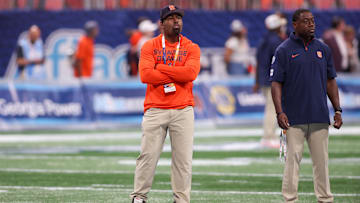 Aug 30, 2025; Atlanta, Georgia, USA; Syracuse Orange head coach Fran Brown on the field before a game against the Tennessee Volunteers at Mercedes-Benz Stadium. Mandatory Credit: Brett Davis-Imagn Images