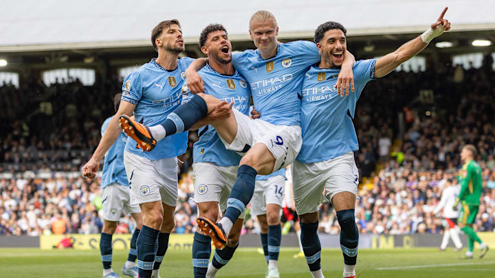 Erling Haaland (centre) scored Manchester City’s second goal on Sunday. Erling Haaland (centre) scored Manchester City’s second goal on Sunday.
