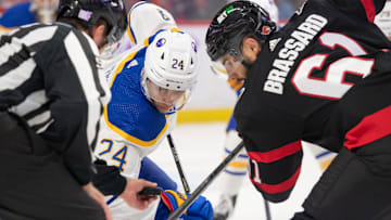 Nov 16, 2022; Ottawa, Ontario, CAN; Buffalo Sabres center Dylan Cozens (24) faces off  against Ottawa Senators center Derick Brassard (61) in the first period at the Canadian Tire Centre. Mandatory Credit: Marc DesRosiers-Imagn Images