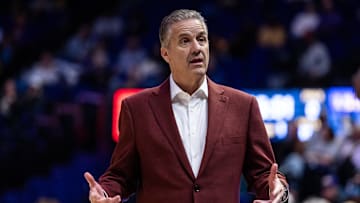 Jan 14, 2025; Baton Rouge, Louisiana, USA;  Arkansas Razorbacks head coach John Calipari reacts to a play against the LSU Tigers during the first half at Pete Maravich Assembly Center. Mandatory Credit: Stephen Lew-Imagn Images