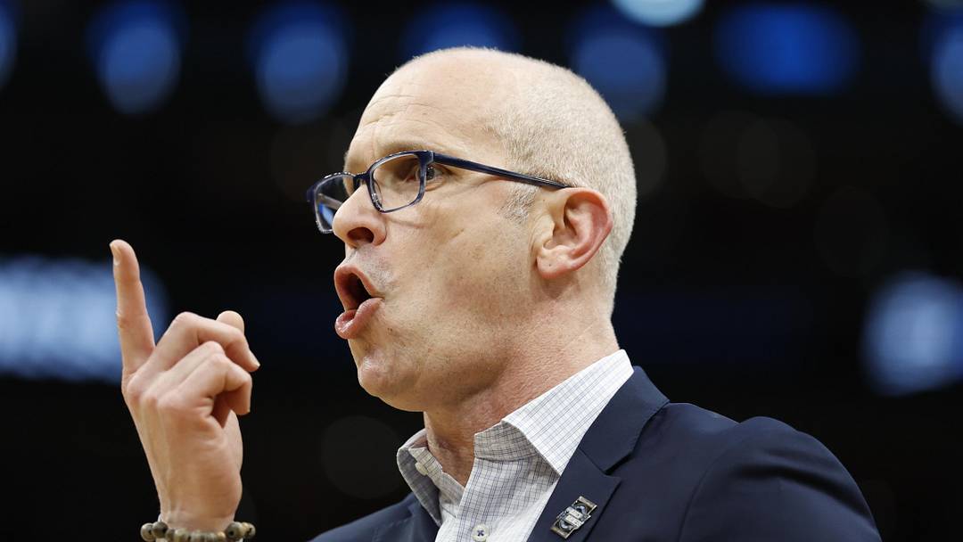 Mar 29, 2026; Washington, DC, USA; UConn Huskies head coach Dan Hurley looks on against the Duke Blue Devils in the first half during an Elite Eight game of the East Regional of the men's 2026 NCAA Tournament at Capital One Arena. Mandatory Credit: Amber Searls-Imagn Images