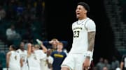 Nov 26, 2025; Las Vegas, NV, USA; Michigan Wolverines forward Yaxel Lendeborg (23) reacts in the second half against the Gonzaga Bulldogs in the 2025 Players Era Festival championship game at MGM Grand Garden Arena. Mandatory Credit: Kirby Lee-Imagn Images