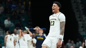 Nov 26, 2025; Las Vegas, NV, USA; Michigan Wolverines forward Yaxel Lendeborg (23) reacts in the second half against the Gonzaga Bulldogs in the 2025 Players Era Festival championship game at MGM Grand Garden Arena. Mandatory Credit: Kirby Lee-Imagn Images