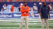 Aug 30, 2025; Atlanta, Georgia, USA; Syracuse Orange head coach Fran Brown on the field before a game against the Tennessee Volunteers at Mercedes-Benz Stadium. Mandatory Credit: Brett Davis-Imagn Images