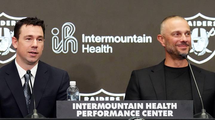 Feb 10, 2026; Henderson, NV, USA; Las Vegas Raiders coach Klint Kubiak (left) and general manager John Spytek at introductory press conference at Intermountain Health Performance Center. Mandatory Credit: Kirby Lee-Imagn Images