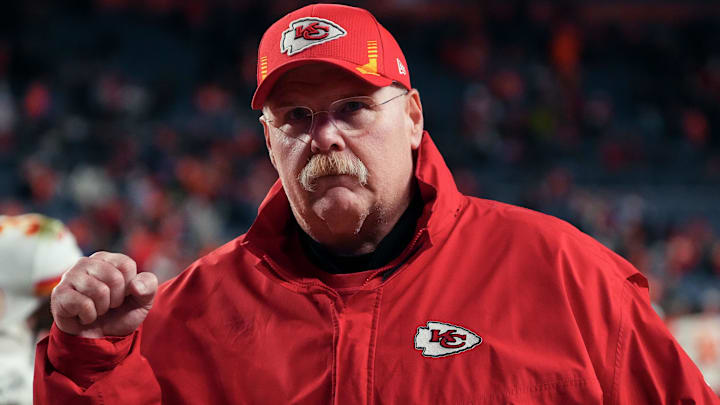 Kansas City Chiefs head coach Andy Reid reacts after the game against the Denver Broncos at Empower Field at Mile High.