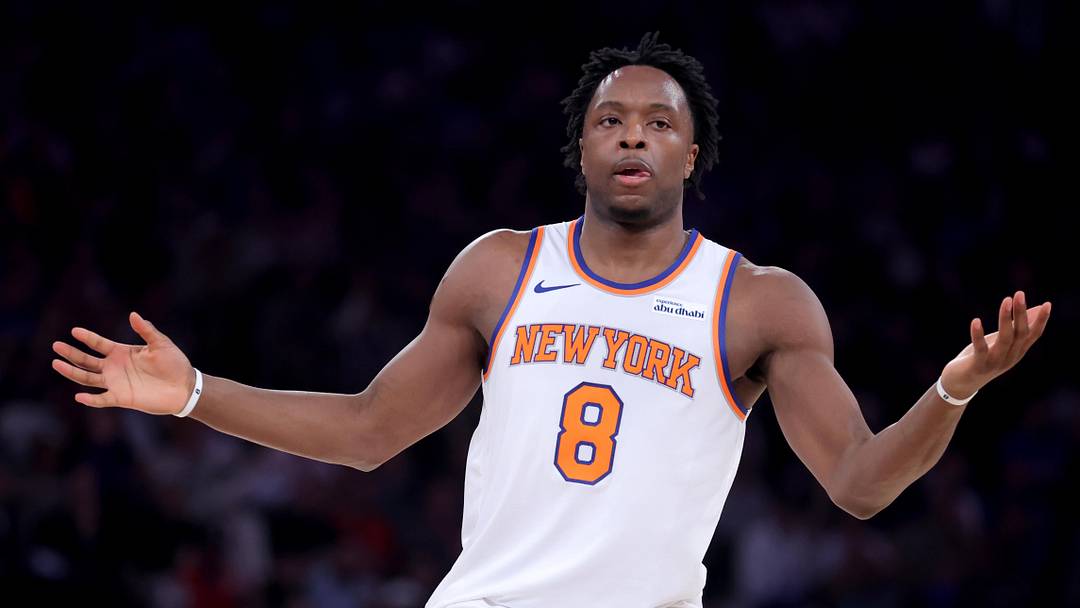 May 4, 2026; New York, New York, USA; New York Knicks forward OG Anunoby (8) reacts after a three point shot during the first quarter of game one of the eastern conference semifinal round of the 2026 NBA Playoffs against the Philadelphia 76ers at Madison Square Garden. Mandatory Credit: Brad Penner-Imagn Images