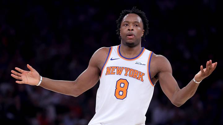 May 4, 2026; New York, New York, USA; New York Knicks forward OG Anunoby (8) reacts after a three point shot during the first quarter of game one of the eastern conference semifinal round of the 2026 NBA Playoffs against the Philadelphia 76ers at Madison Square Garden. Mandatory Credit: Brad Penner-Imagn Images