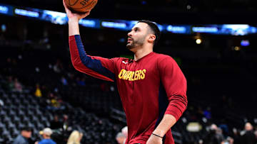 Jan 11, 2020; Denver, Colorado, USA; Cleveland Cavaliers forward Larry Nance Jr. (22) warms up before the game against the Denver Nuggets at the Pepsi Center. Mandatory Credit: Ron Chenoy-Imagn Images