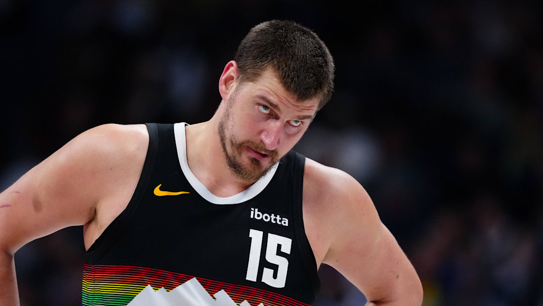Mar 6, 2026; Denver, Colorado, USA; Denver Nuggets center Nikola Jokic (15) during the second quarter against the New York Knicks at Ball Arena. Mandatory Credit: Ron Chenoy-Imagn Images