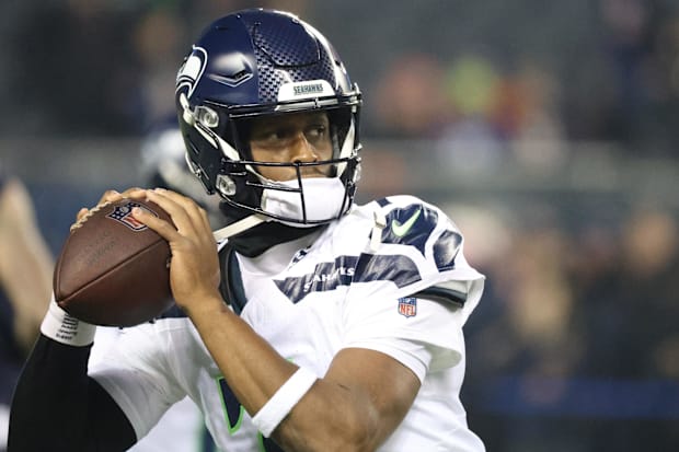 Seattle Seahawks quarterback Geno Smith (7) warms up before a game against the Chicago Bears.