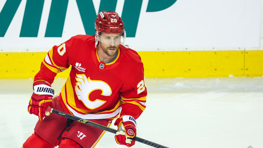 Jan 5, 2026; Calgary, Alberta, CAN; Calgary Flames left wing Blake Coleman (20) skates during the warmup period against the Seattle Kraken at Scotiabank Saddledome. Mandatory Credit: Sergei Belski-Imagn Images