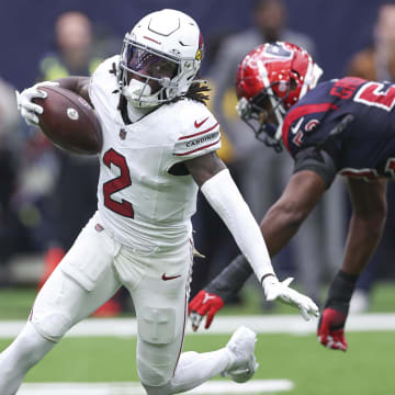 Nov 19, 2023; Houston, Texas, USA; Arizona Cardinals wide receiver Marquise Brown (2) runs with the ball during the game against the Houston Texans at NRG Stadium. Mandatory Credit: Troy Taormina-USA TODAY Sports