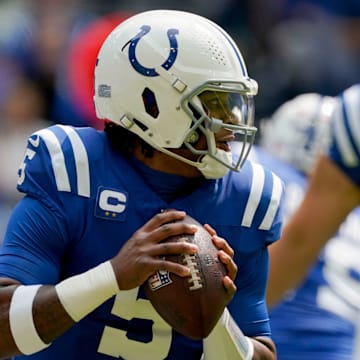 Indianapolis Colts quarterback Anthony Richardson (5) looks to pass Sunday, Sept. 8, 2024, during a game against the Houston Texans at Lucas Oil Stadium in Indianapolis.