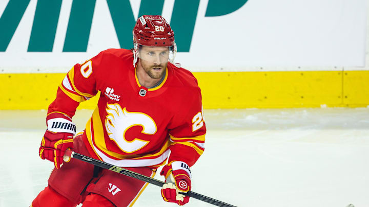 Jan 5, 2026; Calgary, Alberta, CAN; Calgary Flames left wing Blake Coleman (20) skates during the warmup period against the Seattle Kraken at Scotiabank Saddledome. Mandatory Credit: Sergei Belski-Imagn Images