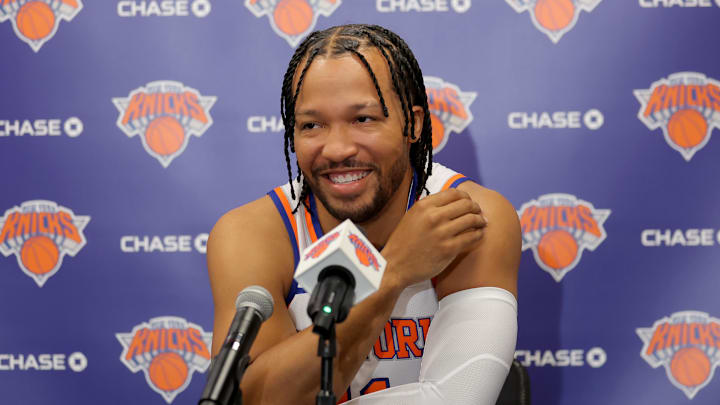 Sep 23, 2025; New York, NY, USA; New York Knicks guard Jalen Brunson speaks to the media during a media day press conference at the Madison Square Garden training center. Mandatory Credit: Brad Penner-Imagn Images