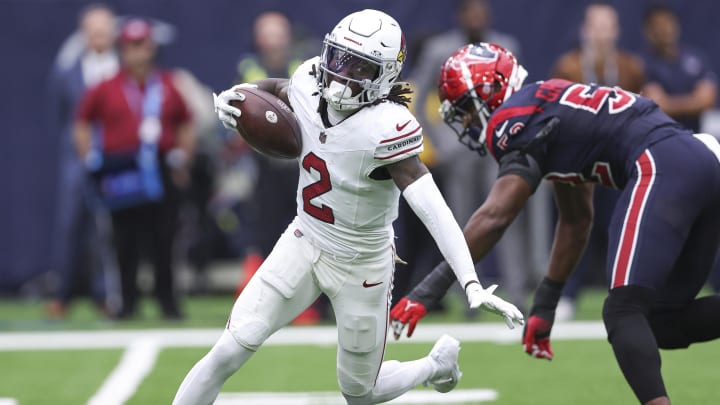 Nov 19, 2023; Houston, Texas, USA; Arizona Cardinals wide receiver Marquise Brown (2) runs with the ball during the game against the Houston Texans at NRG Stadium. Mandatory Credit: Troy Taormina-USA TODAY Sports