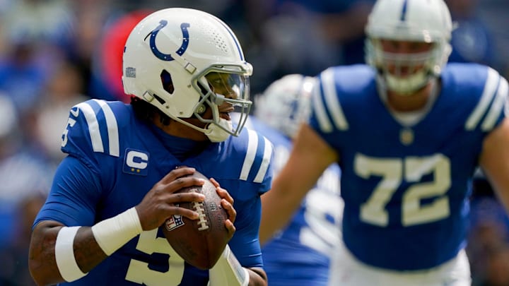 Indianapolis Colts quarterback Anthony Richardson (5) looks to pass Sunday, Sept. 8, 2024, during a game against the Houston Texans at Lucas Oil Stadium in Indianapolis.