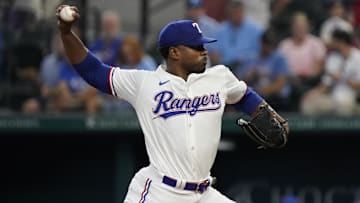Sep 19, 2024; Arlington, Texas, USA; Texas Rangers pitcher Kumar Rocker (80) throws to the plate during the first inning against the Toronto Blue Jays at Globe Life Field. 
