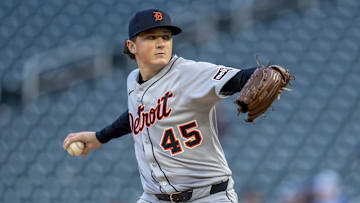Apr 11, 2025; Minneapolis, Minnesota, USA; Detroit Tigers starting pitcher Reese Olson (45) delivers a pitch against the Minnesota Twins in the first inning at Target Field. Mandatory Credit: Jesse Johnson-Imagn Images