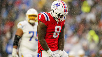 Dec 3, 2023; Foxborough, Massachusetts, USA; New England Patriots linebacker Ja'Whaun Bentley (8) reacts after his tackle against the Los Angeles Chargers in the second half at Gillette Stadium.