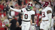 Sep 27, 2025; Athens, Georgia, USA;  Alabama Crimson Tide linebacker Deontae Lawson (0)  reacts after a fumble recovery against the Georgia Bulldogs in the first half at Sanford Stadium. Mandatory Credit: Dale Zanine-Imagn Images