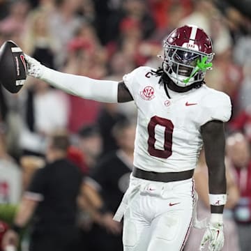 Sep 27, 2025; Athens, Georgia, USA;  Alabama Crimson Tide linebacker Deontae Lawson (0)  reacts after a fumble recovery against the Georgia Bulldogs in the first half at Sanford Stadium. Mandatory Credit: Dale Zanine-Imagn Images
