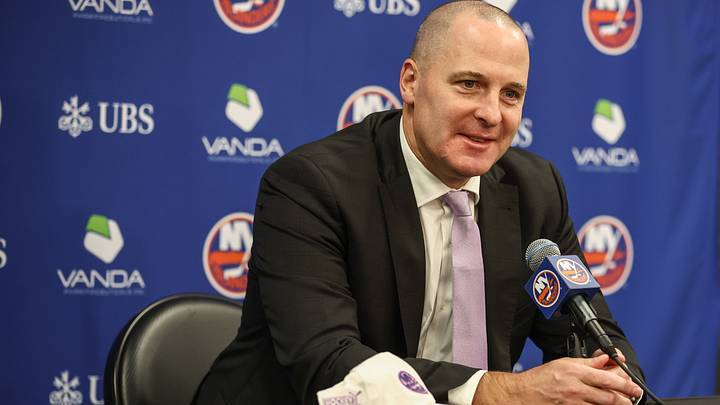 Nov 22, 2025; Elmont, New York, USA; New York Islanders General Manager Mathieu Darche speaks with fans at a pre-game event prior to the game against the St. Louis Blues at UBS Arena. Mandatory Credit: Wendell Cruz-Imagn Images Nov 22, 2025; Elmont, New York, USA; New York Islanders General Manager Mathieu Darche speaks with fans at a pre-game event prior to the game against the St. Louis Blues at UBS Arena. Mandatory Credit: Wendell Cruz-Imagn Images
