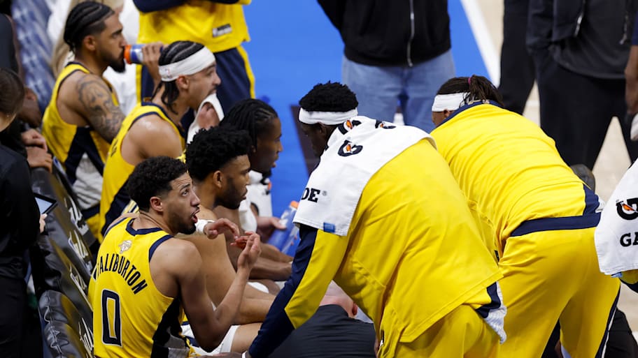 Indiana Pacers guard Tyrese Haliburton talks to his teammates on the bench during the second quarter against the Oklahoma City Thunder in Game 5 of the 2025 NBA Finals. | Alonzo Adams-Imagn Images