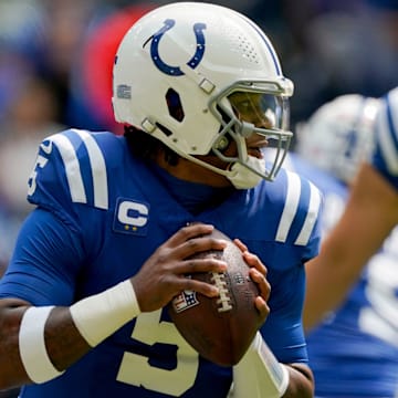 Indianapolis Colts quarterback Anthony Richardson (5) looks to pass Sunday, Sept. 8, 2024, during a game against the Houston Texans at Lucas Oil Stadium in Indianapolis.