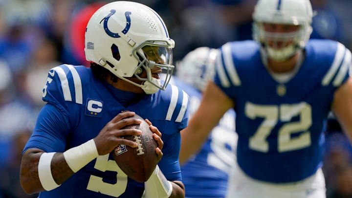 Indianapolis Colts quarterback Anthony Richardson (5) looks to pass Sunday, Sept. 8, 2024, during a game against the Houston Texans at Lucas Oil Stadium in Indianapolis.