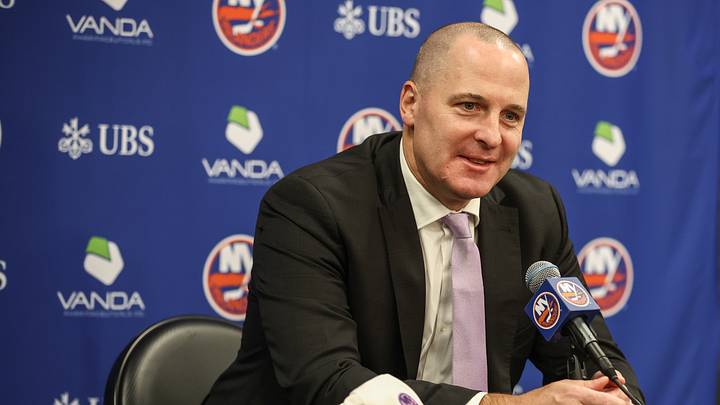 Nov 22, 2025; Elmont, New York, USA; New York Islanders General Manager Mathieu Darche speaks with fans at a pre-game event prior to the game against the St. Louis Blues at UBS Arena. Nov 22, 2025; Elmont, New York, USA; New York Islanders General Manager Mathieu Darche speaks with fans at a pre-game event prior to the game against the St. Louis Blues at UBS Arena.